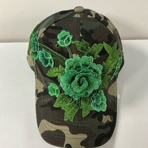 Camouflage Cap with Green Floral Embroidery